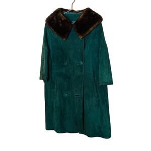 Vintage Andy Anderson Suede Green Rabbit Fur Collar Button Trench Coat Size M